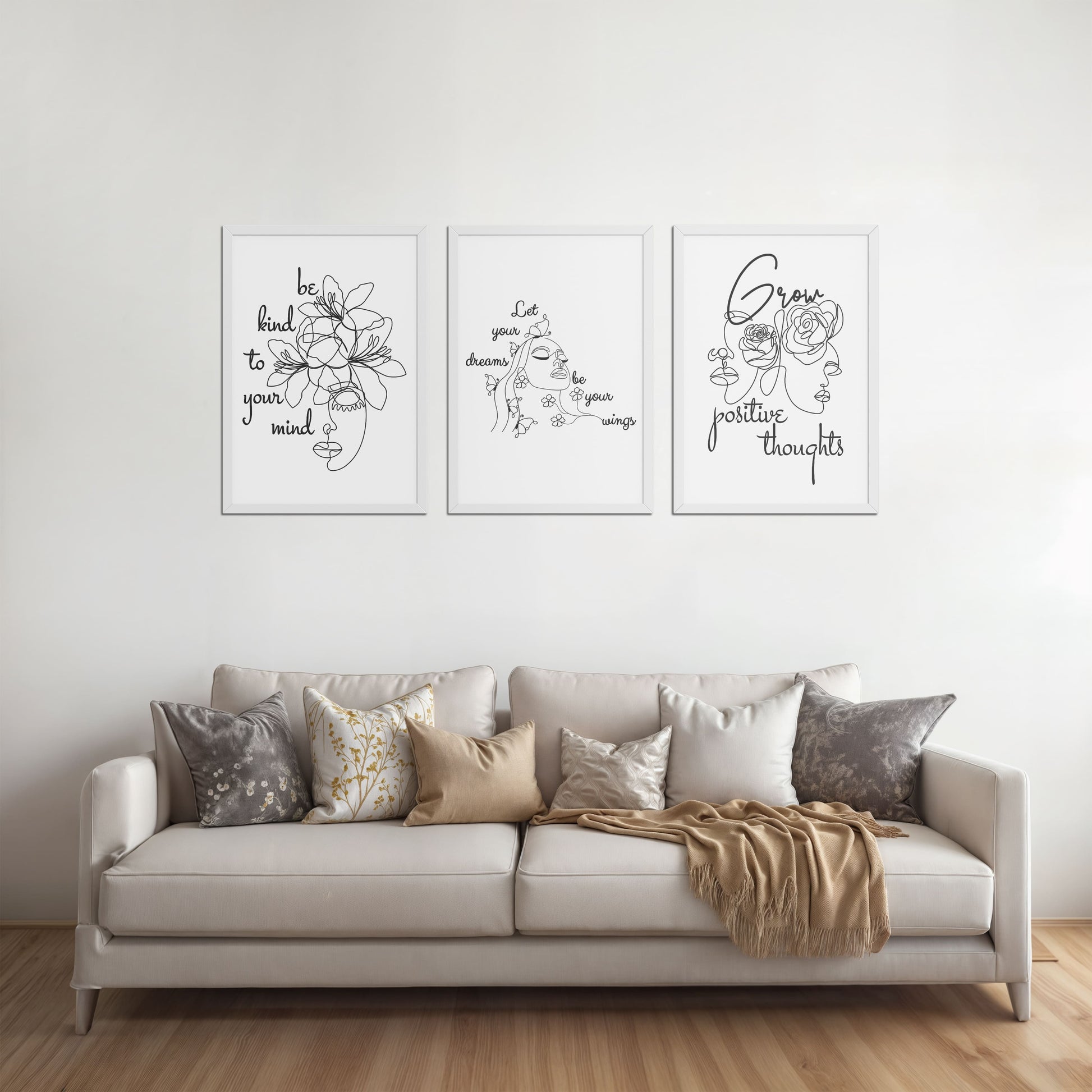 Living Room Sofa Preview of Grow Positive – Line Art Inspiration Set of 3 Frame in White Color Frame