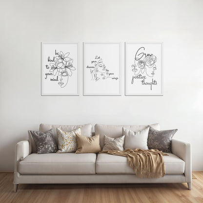 Living Room Sofa Preview of Grow Positive – Line Art Inspiration Set of 3 Frame in White Color Frame