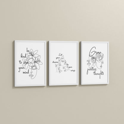 Side View of Grow Positive – Line Art Inspiration Set of 3 Frame in White Color Frame