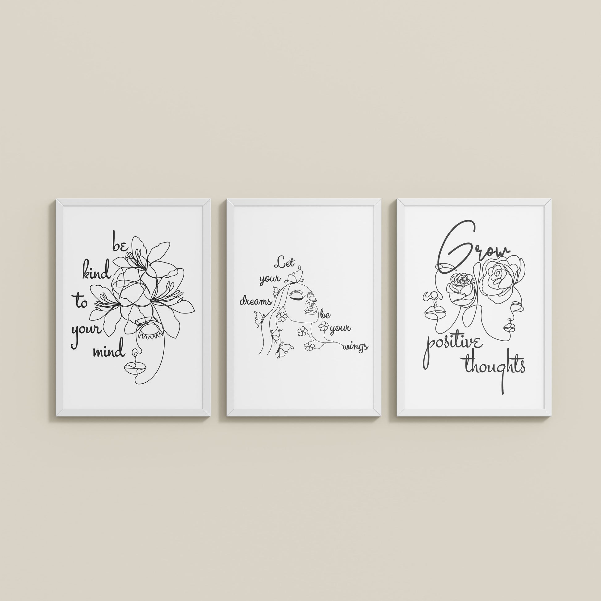 Wall View of Grow Positive – Line Art Inspiration Set of 3 Frame in White Color Frame
