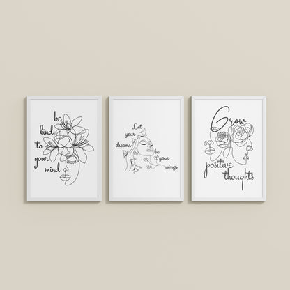 Wall View of Grow Positive – Line Art Inspiration Set of 3 Frame in White Color Frame