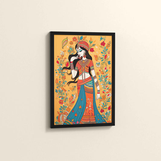Side View of Graceful Lady – Traditional Madhubani Painting for Wall Decor in Black Color Frame