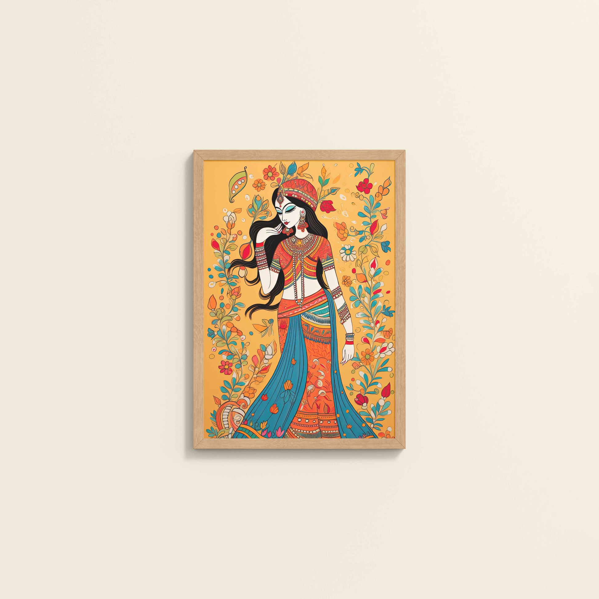 Wall View of Graceful Lady – Traditional Madhubani Painting for Wall Decor in Natrual Color Frame