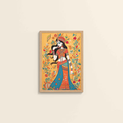 Wall View of Graceful Lady – Traditional Madhubani Painting for Wall Decor in Natrual Color Frame