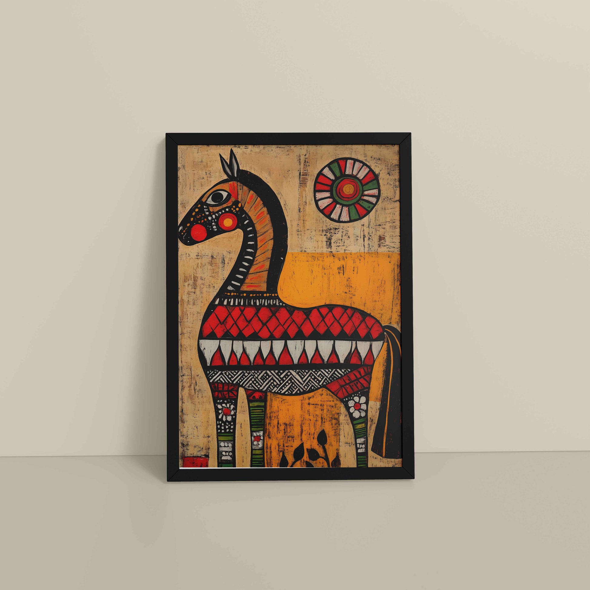 Floor View of Elegant Indian Folk Horse – Madhubani Art for Wall Decor in Black Color Frame