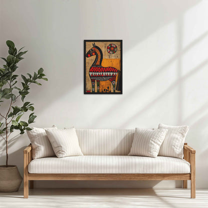 Living Room Cabinet Table Preview of Elegant Indian Folk Horse – Madhubani Art for Wall Decor in Black Color Frame
