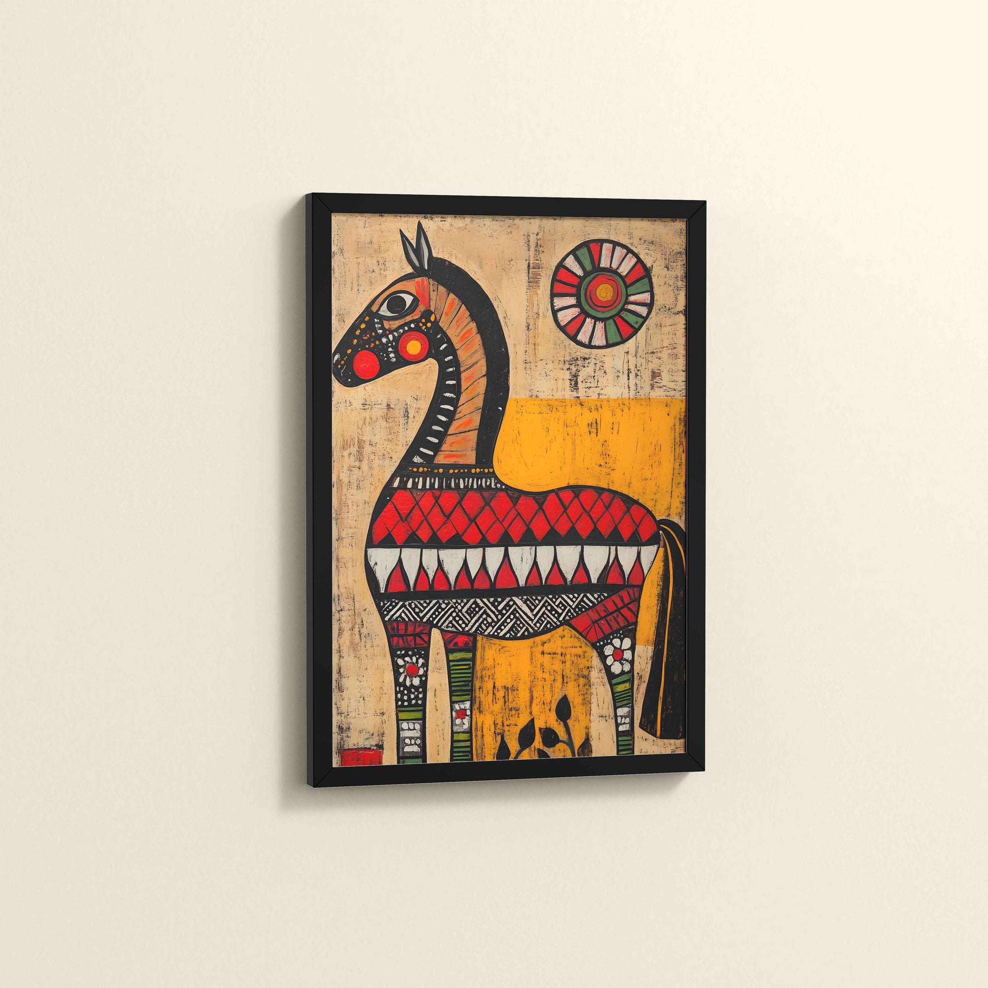 Side View of Elegant Indian Folk Horse – Madhubani Art for Wall Decor in Black Color Frame
