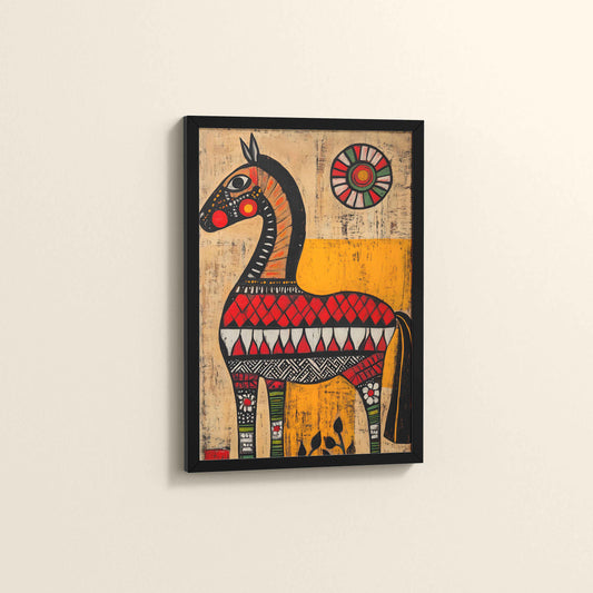 Side View of Elegant Indian Folk Horse – Madhubani Art for Wall Decor in Black Color Frame