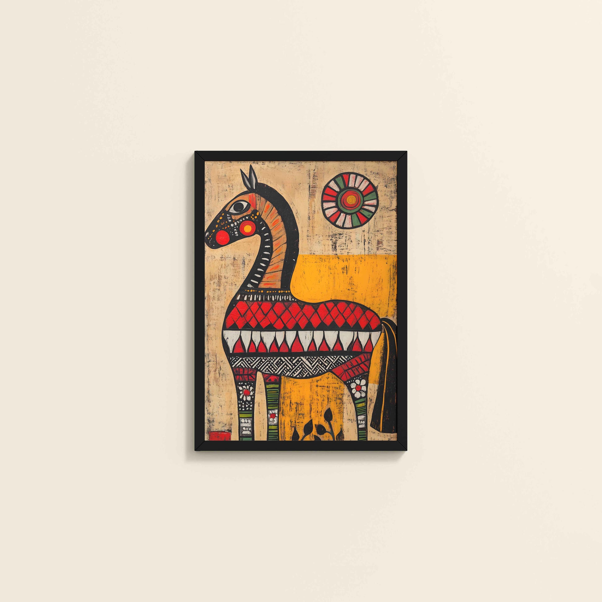 Wall View of Elegant Indian Folk Horse – Madhubani Art for Wall Decor in Black Color Frame