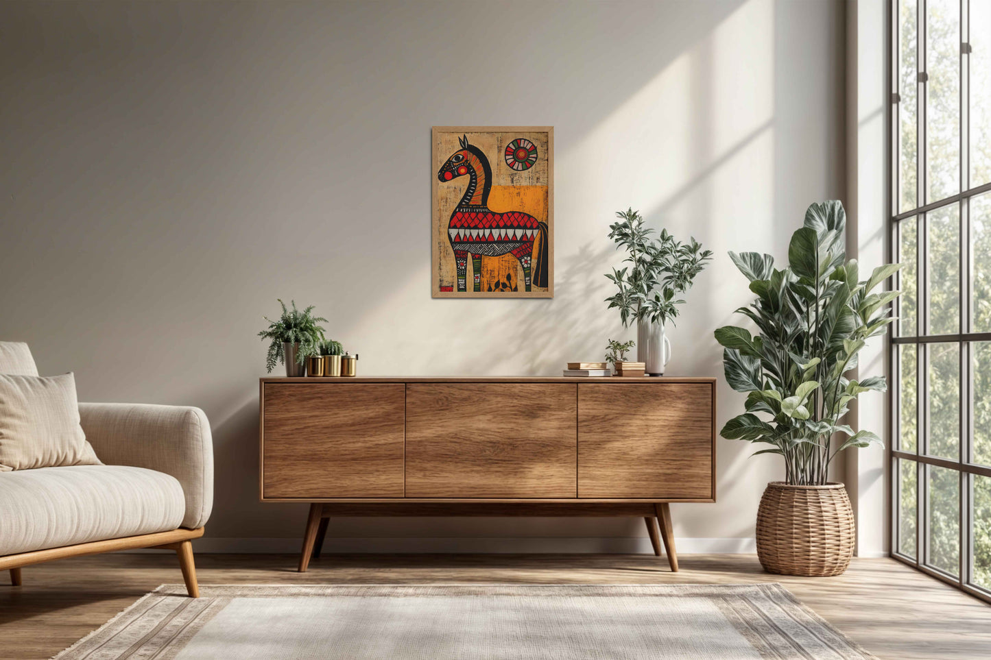 Living Room Cabinet Preview of Elegant Indian Folk Horse – Madhubani Art for Wall Decor in Natrual Color Frame