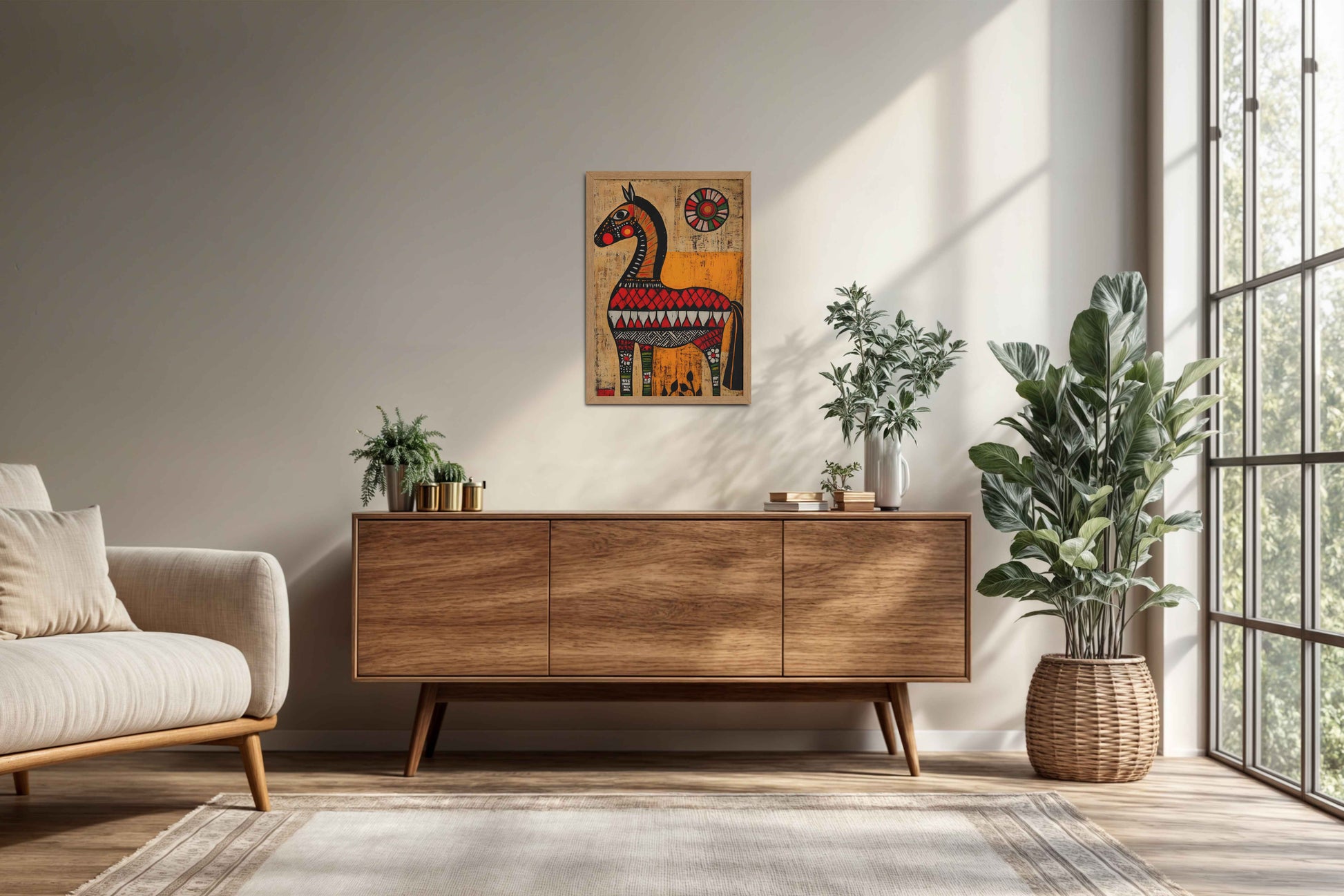 Living Room Cabinet Preview of Elegant Indian Folk Horse – Madhubani Art for Wall Decor in Natrual Color Frame