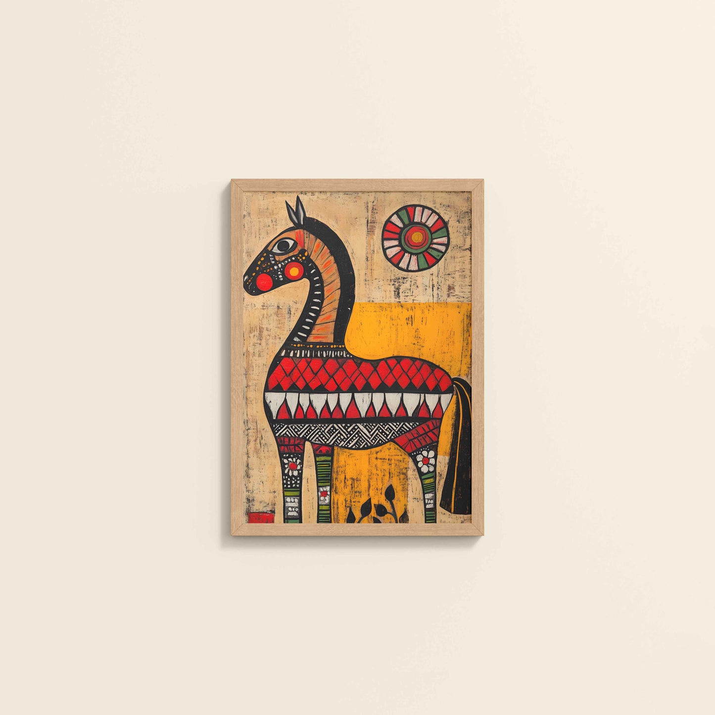Wall View of Elegant Indian Folk Horse – Madhubani Art for Wall Decor in Natrual Color Frame