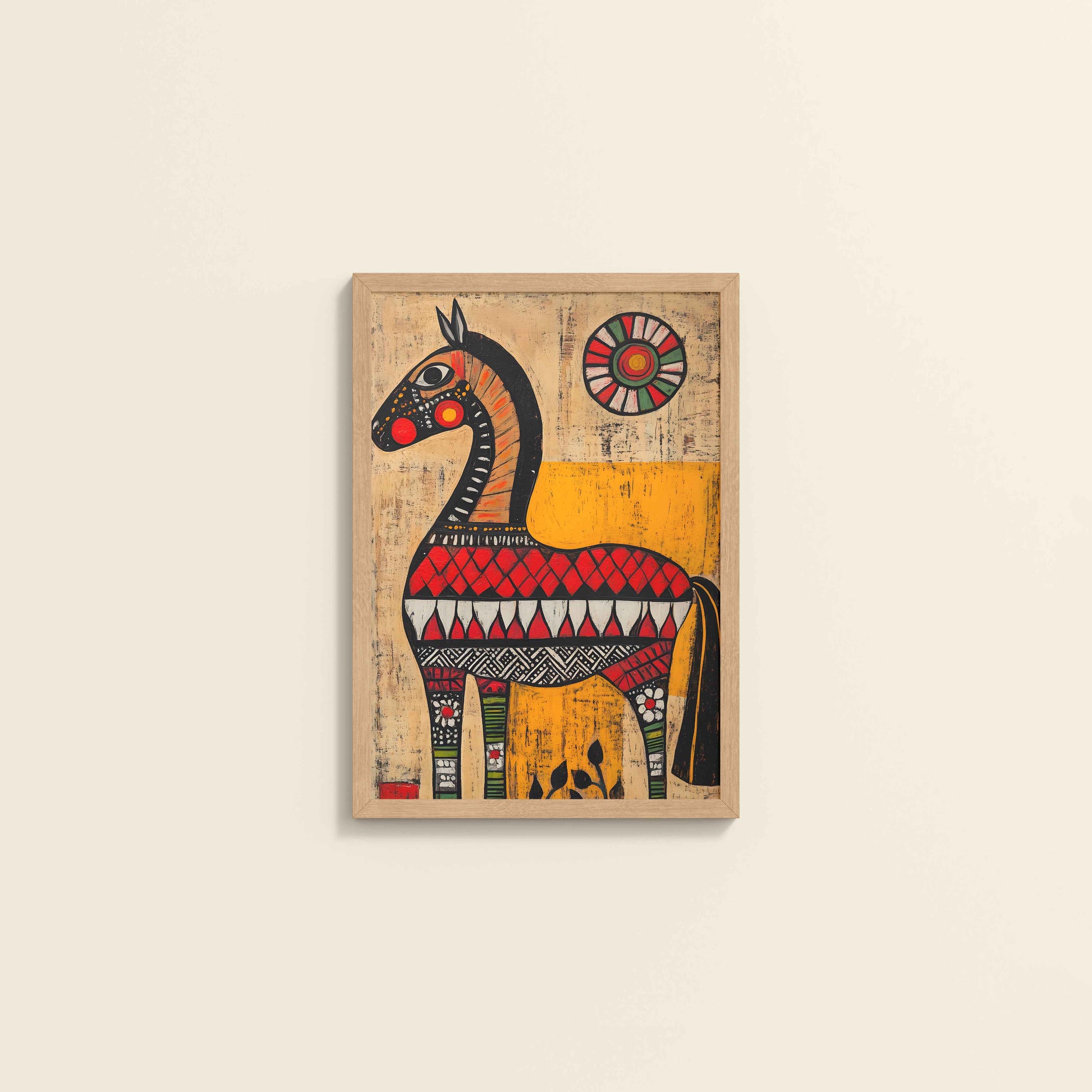 Wall View of Elegant Indian Folk Horse – Madhubani Art for Wall Decor in Natrual Color Frame