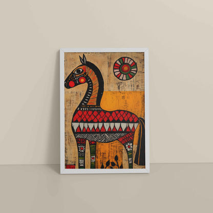 Floor View of Elegant Indian Folk Horse – Madhubani Art for Wall Decor in White Color Frame