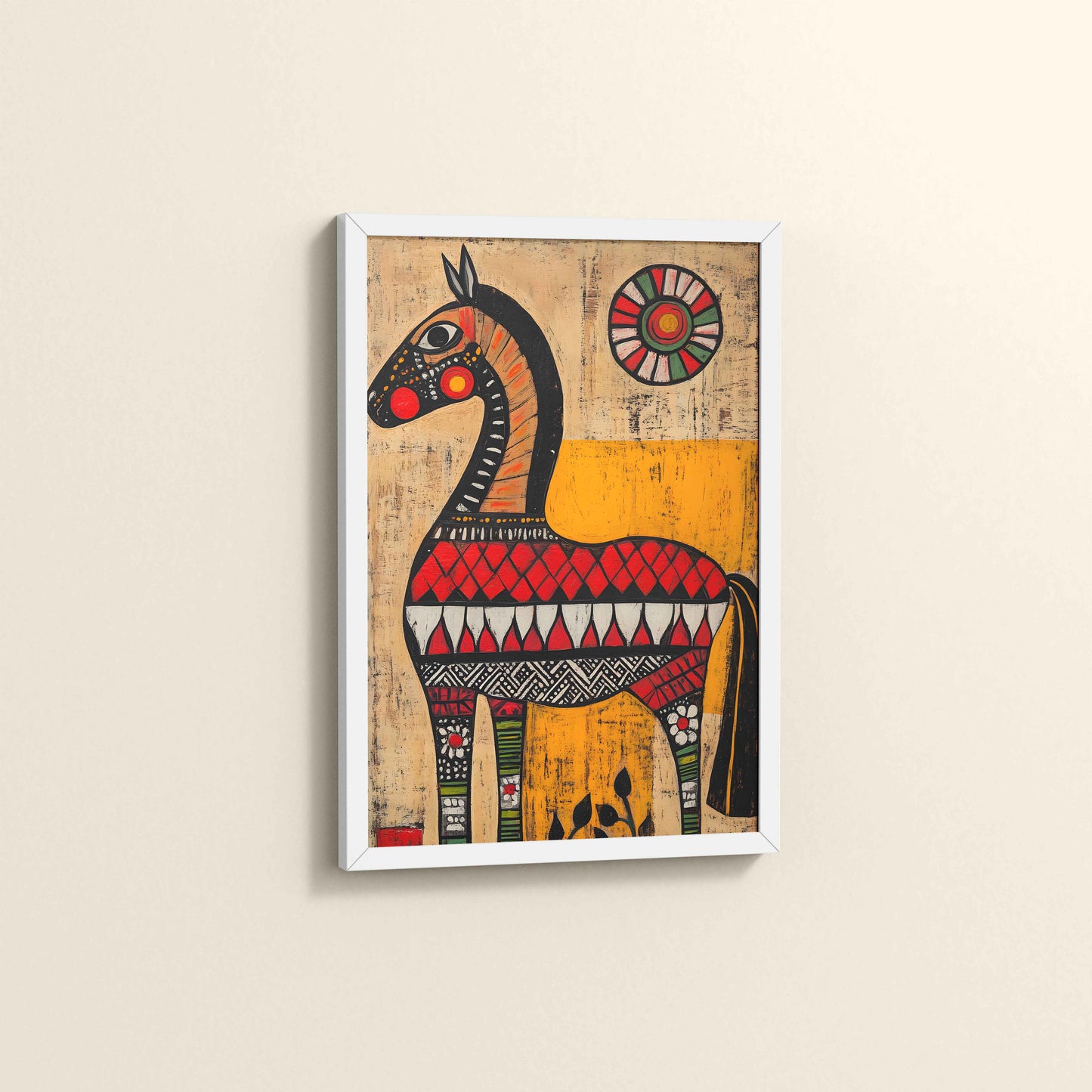 Side View of Elegant Indian Folk Horse – Madhubani Art for Wall Decor in White Color Frame