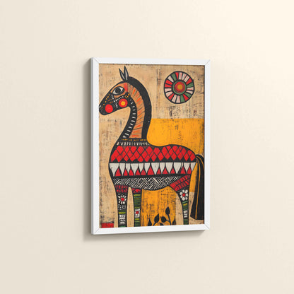Side View of Elegant Indian Folk Horse – Madhubani Art for Wall Decor in White Color Frame