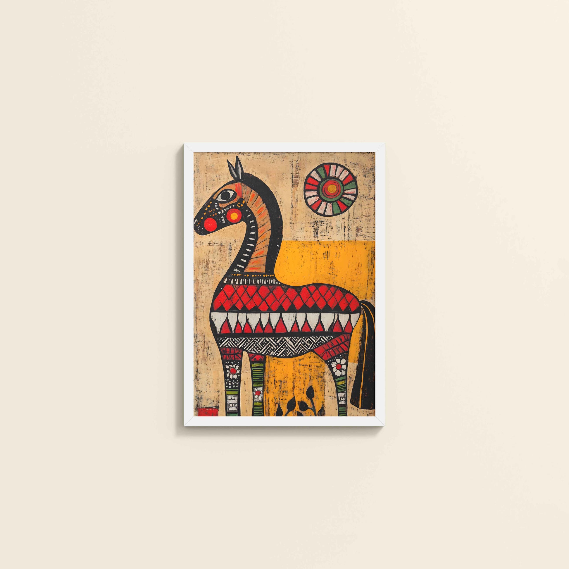 Wall View of Elegant Indian Folk Horse – Madhubani Art for Wall Decor in White Color Frame