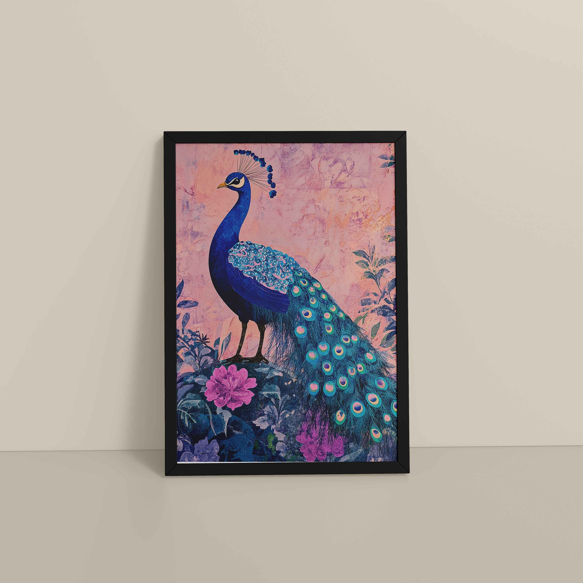 Floor View of Beautiful Peacock in Madhubani Artwork – Wall Decor Painting in Black Color Frame