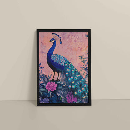 Floor View of Beautiful Peacock in Madhubani Artwork – Wall Decor Painting in Black Color Frame