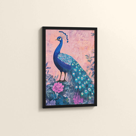 Side View of Beautiful Peacock in Madhubani Artwork – Wall Decor Painting in Black Color Frame