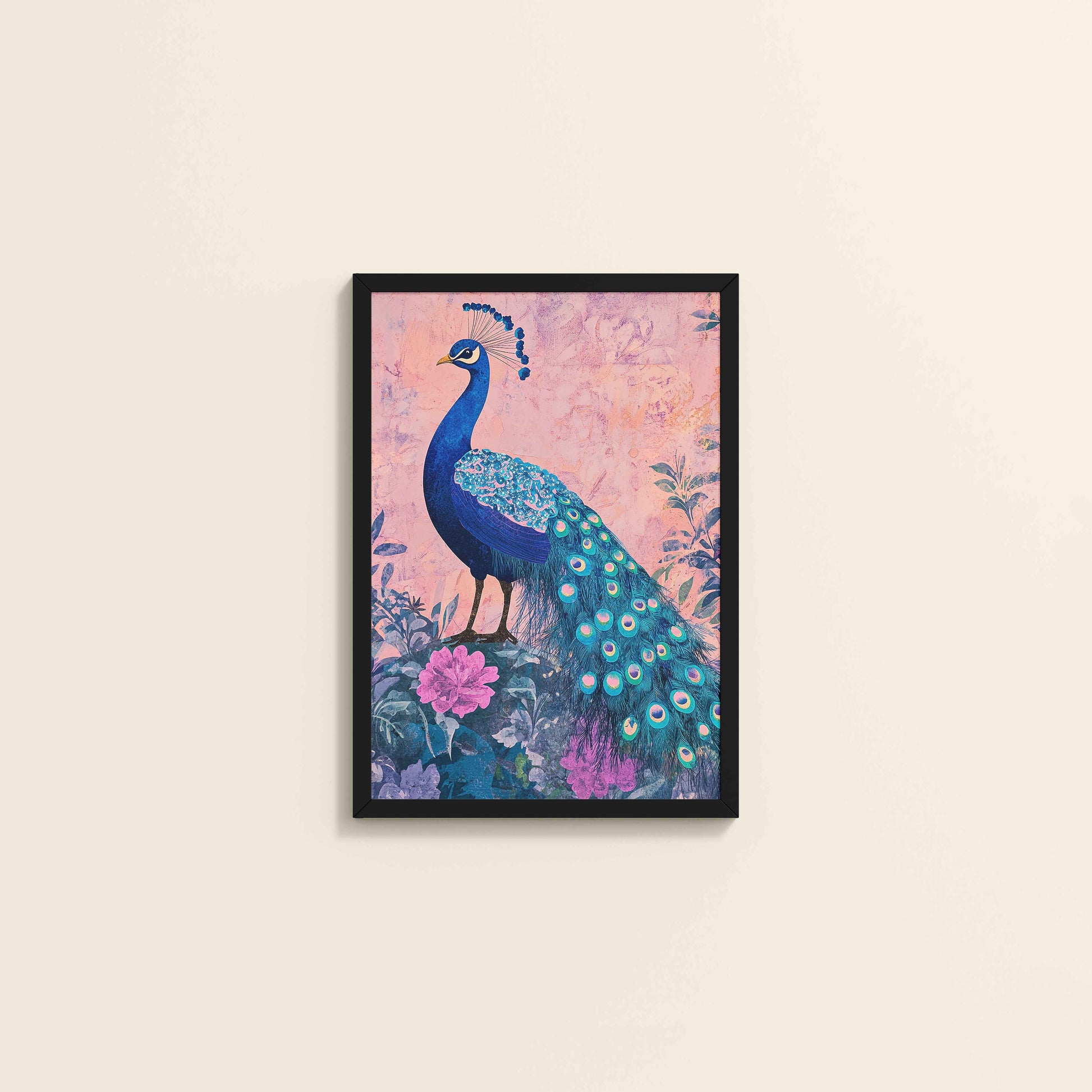 Wall View of Beautiful Peacock in Madhubani Artwork – Wall Decor Painting in Black Color Frame