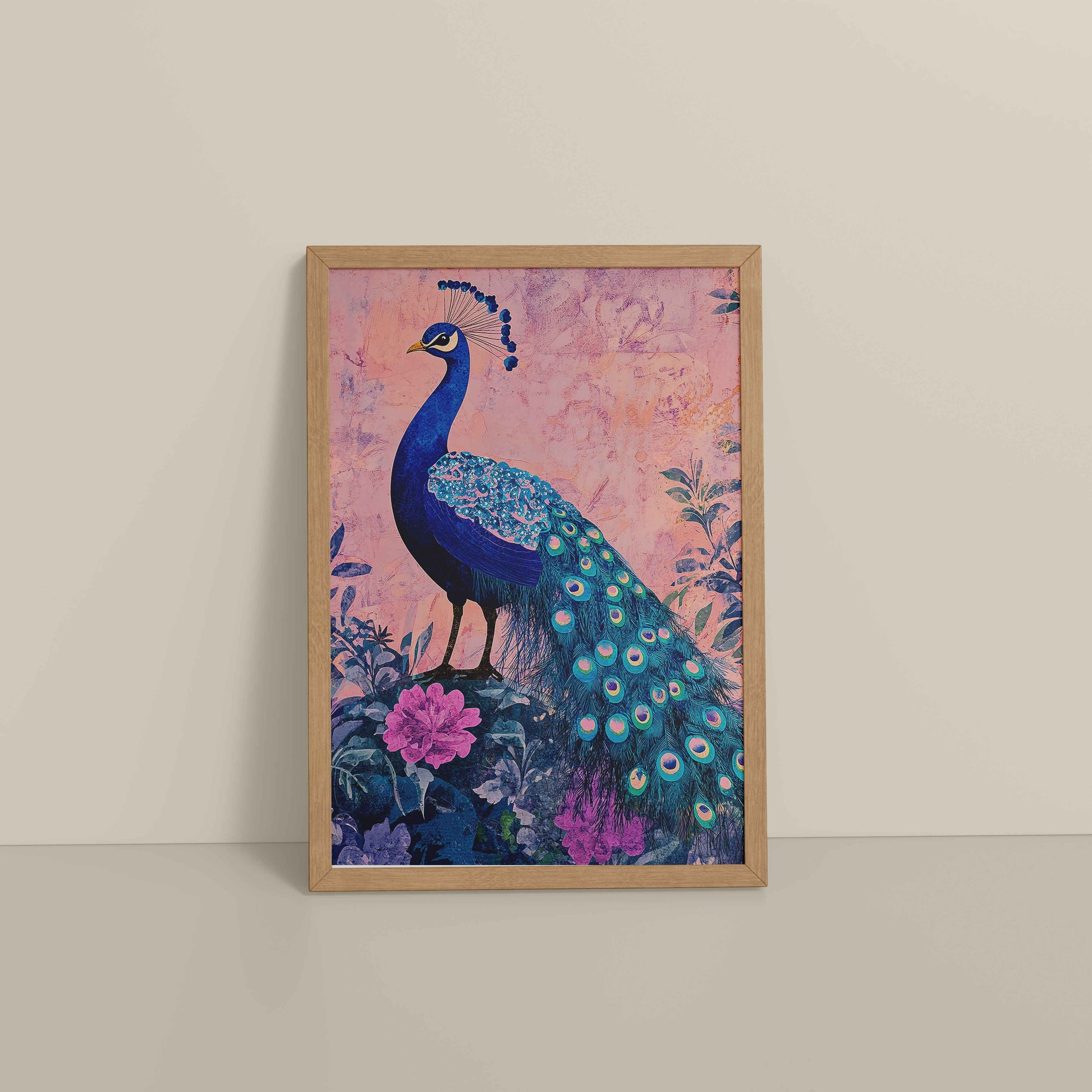 Floor View of Beautiful Peacock in Madhubani Artwork – Wall Decor Painting in Natrual Color Frame