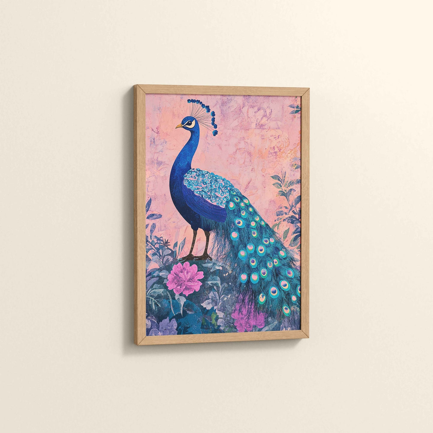 Side View of Beautiful Peacock in Madhubani Artwork – Wall Decor Painting in Natrual Color Frame