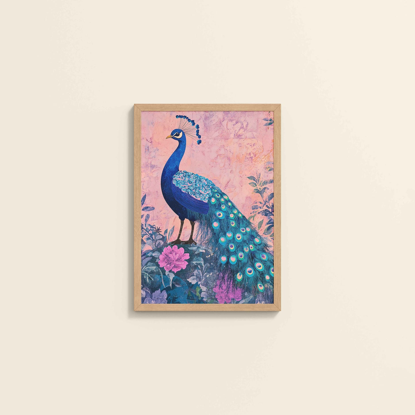 Wall View of Beautiful Peacock in Madhubani Artwork – Wall Decor Painting in Natrual Color Frame