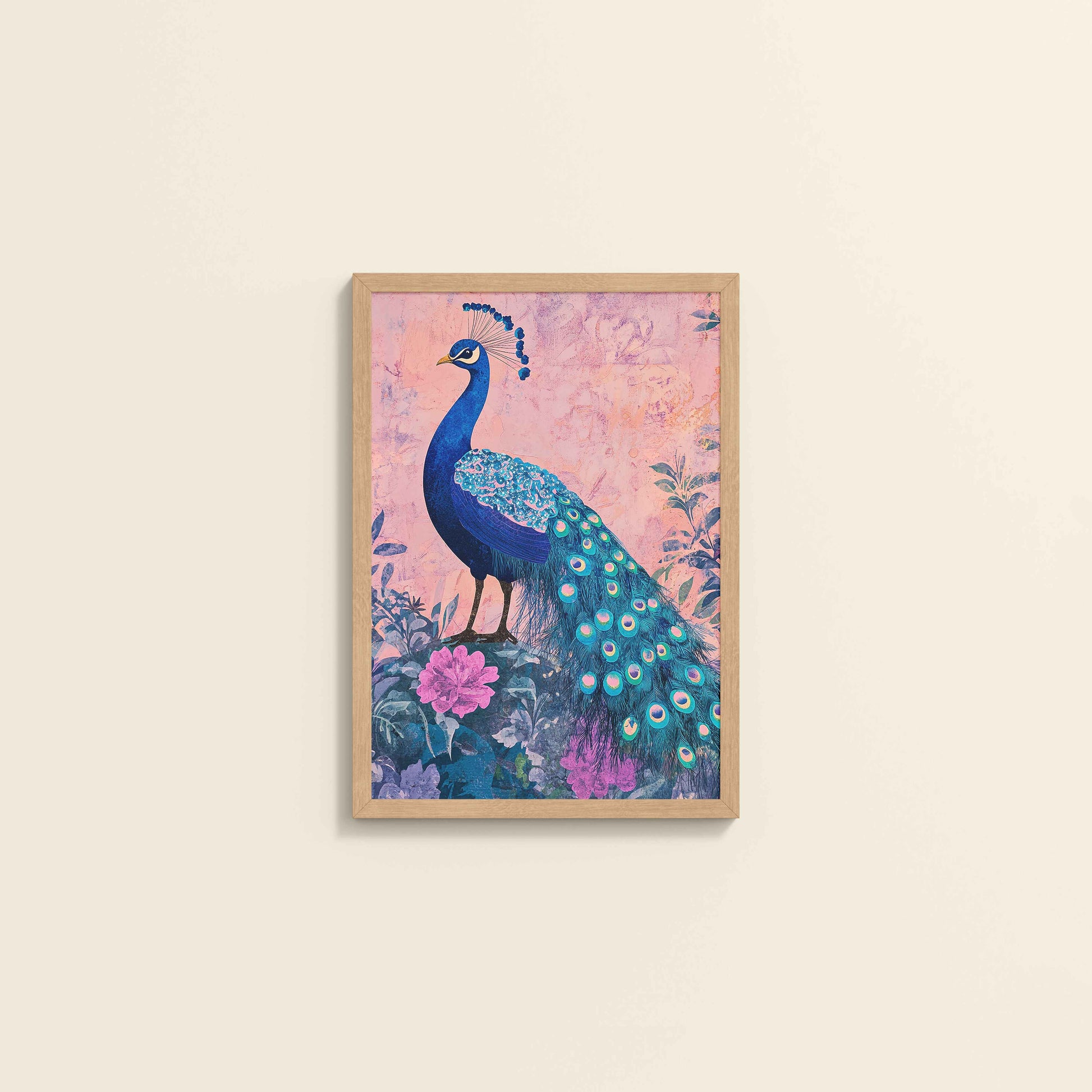 Wall View of Beautiful Peacock in Madhubani Artwork – Wall Decor Painting in Natrual Color Frame