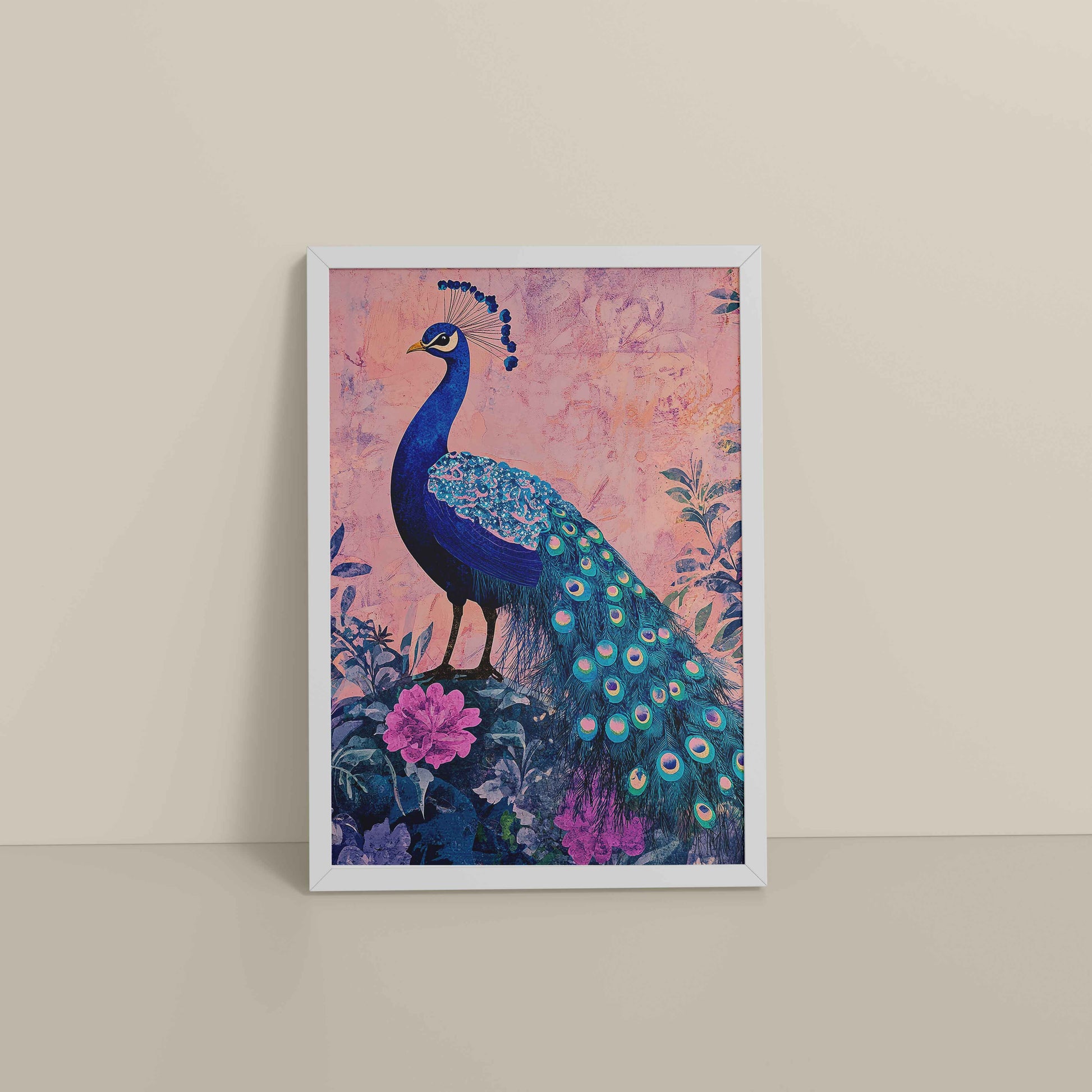 Floor View of Beautiful Peacock in Madhubani Artwork – Wall Decor Painting in White Color Frame