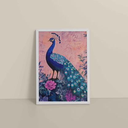 Floor View of Beautiful Peacock in Madhubani Artwork – Wall Decor Painting in White Color Frame