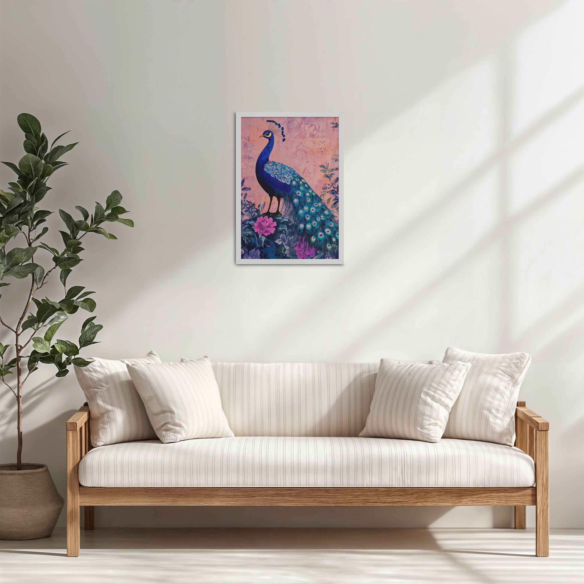 Living Room Cabinet Table Preview of Beautiful Peacock in Madhubani Artwork – Wall Decor Painting in White Color Frame
