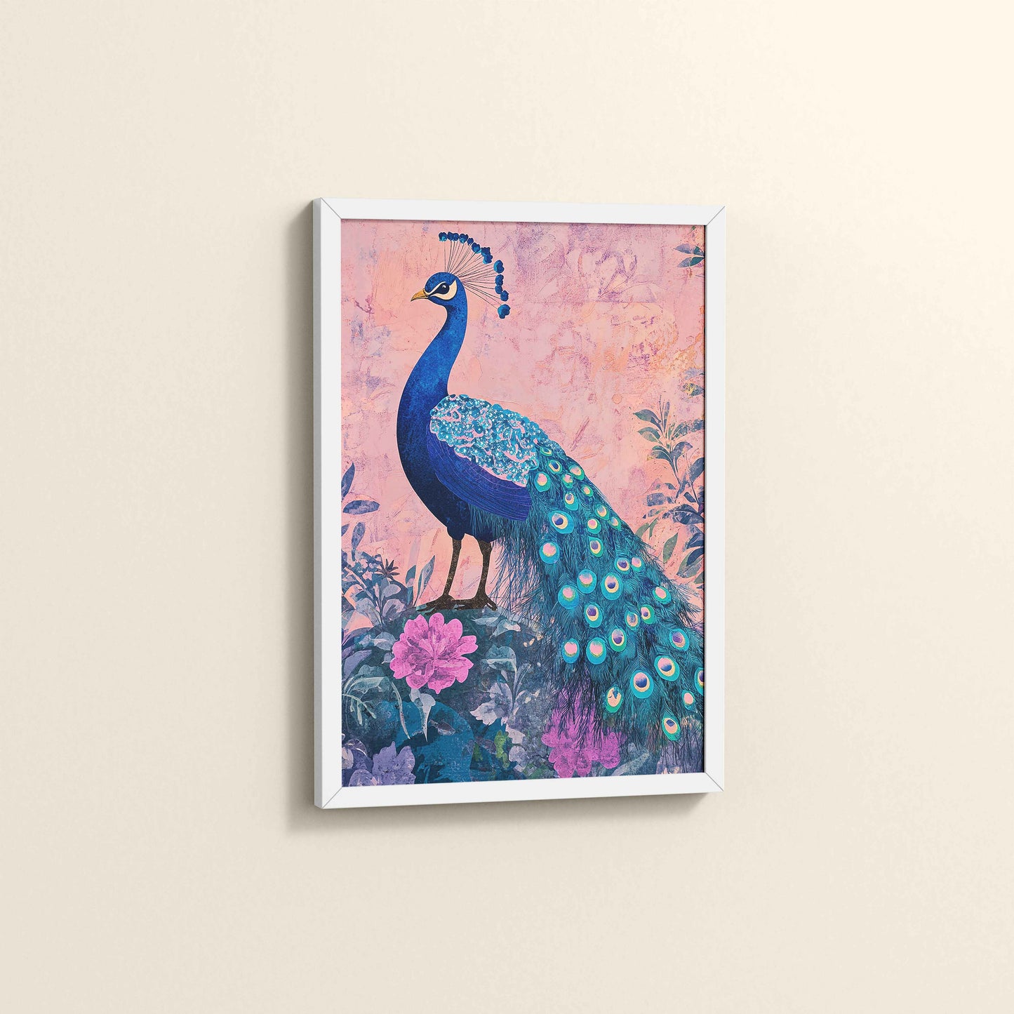 Side View of Beautiful Peacock in Madhubani Artwork – Wall Decor Painting in White Color Frame