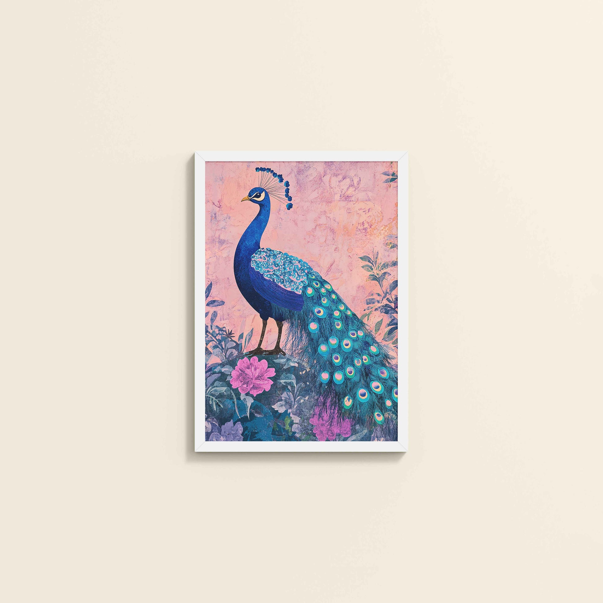 Wall View of Beautiful Peacock in Madhubani Artwork – Wall Decor Painting in White Color Frame