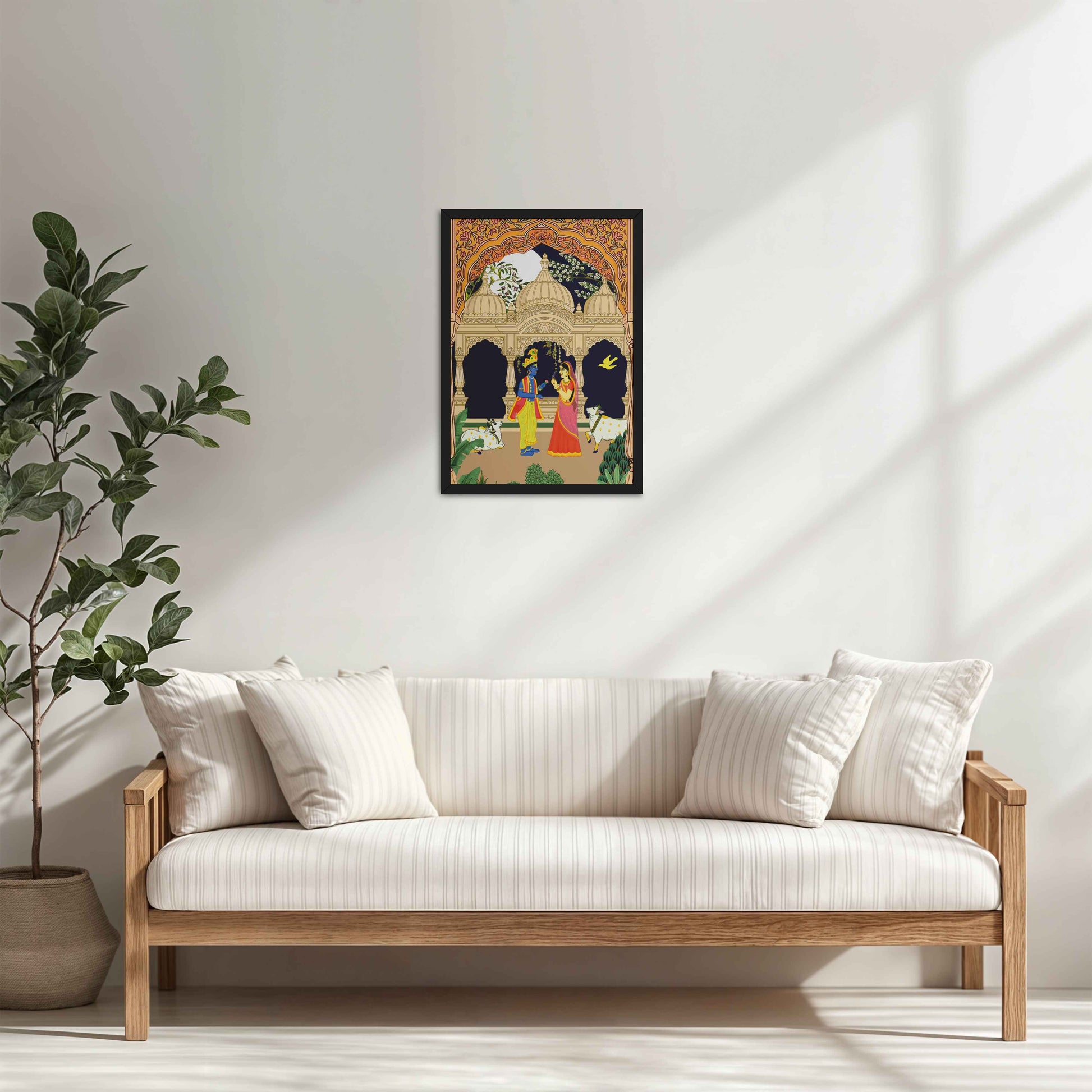 Living Room Cabinet Table Preview of Radha Krishna in Royal Courtyard - Madhubani Art Frame in Black Color Frame
