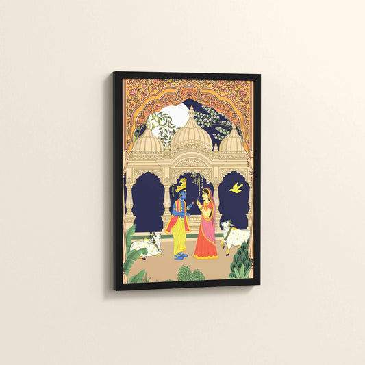 Side View of Radha Krishna in Royal Courtyard - Madhubani Art Frame in Black Color Frame