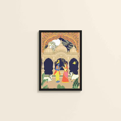Wall View of Radha Krishna in Royal Courtyard - Madhubani Art Frame in Black Color Frame