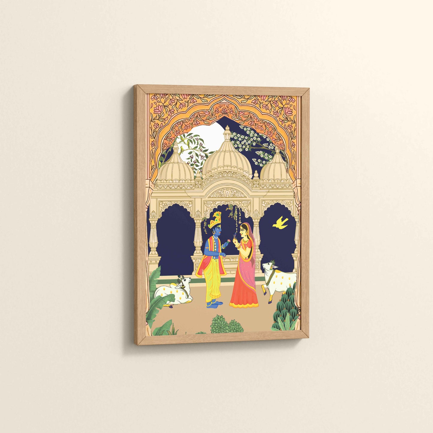 Side View of Radha Krishna in Royal Courtyard - Madhubani Art Frame in Natrual Color Frame