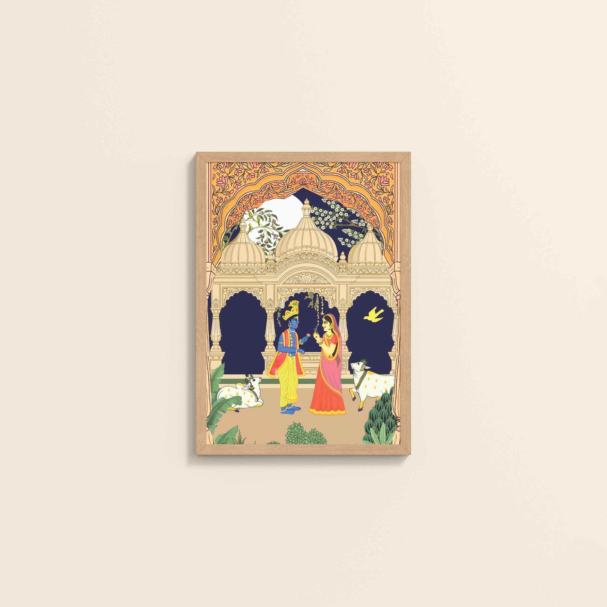 Wall View of Radha Krishna in Royal Courtyard - Madhubani Art Frame in Natrual Color Frame