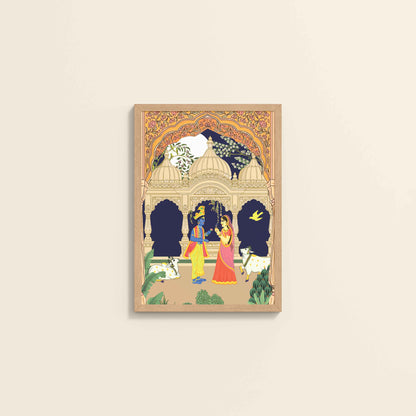 Wall View of Radha Krishna in Royal Courtyard - Madhubani Art Frame in Natrual Color Frame
