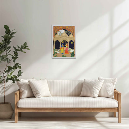 Living Room Cabinet Table Preview of Radha Krishna in Royal Courtyard - Madhubani Art Frame in White Color Frame