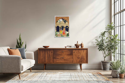 Living Room Sofa Preview of Radha Krishna in Royal Courtyard - Madhubani Art Frame in White Color Frame