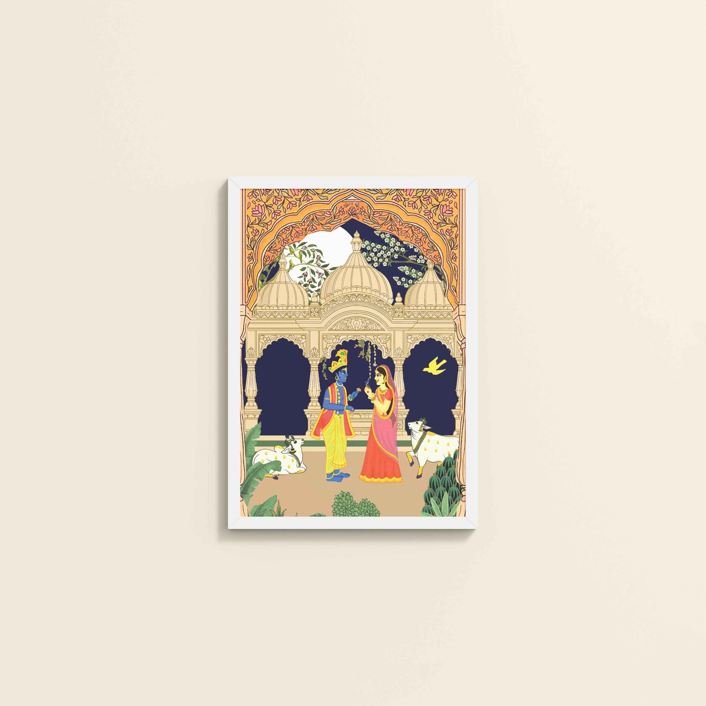 Wall View of Radha Krishna in Royal Courtyard - Madhubani Art Frame in White Color Frame