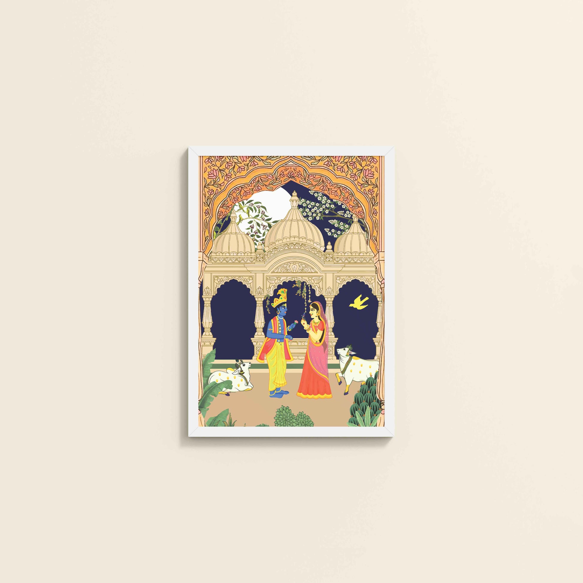 Wall View of Radha Krishna in Royal Courtyard - Madhubani Art Frame in White Color Frame