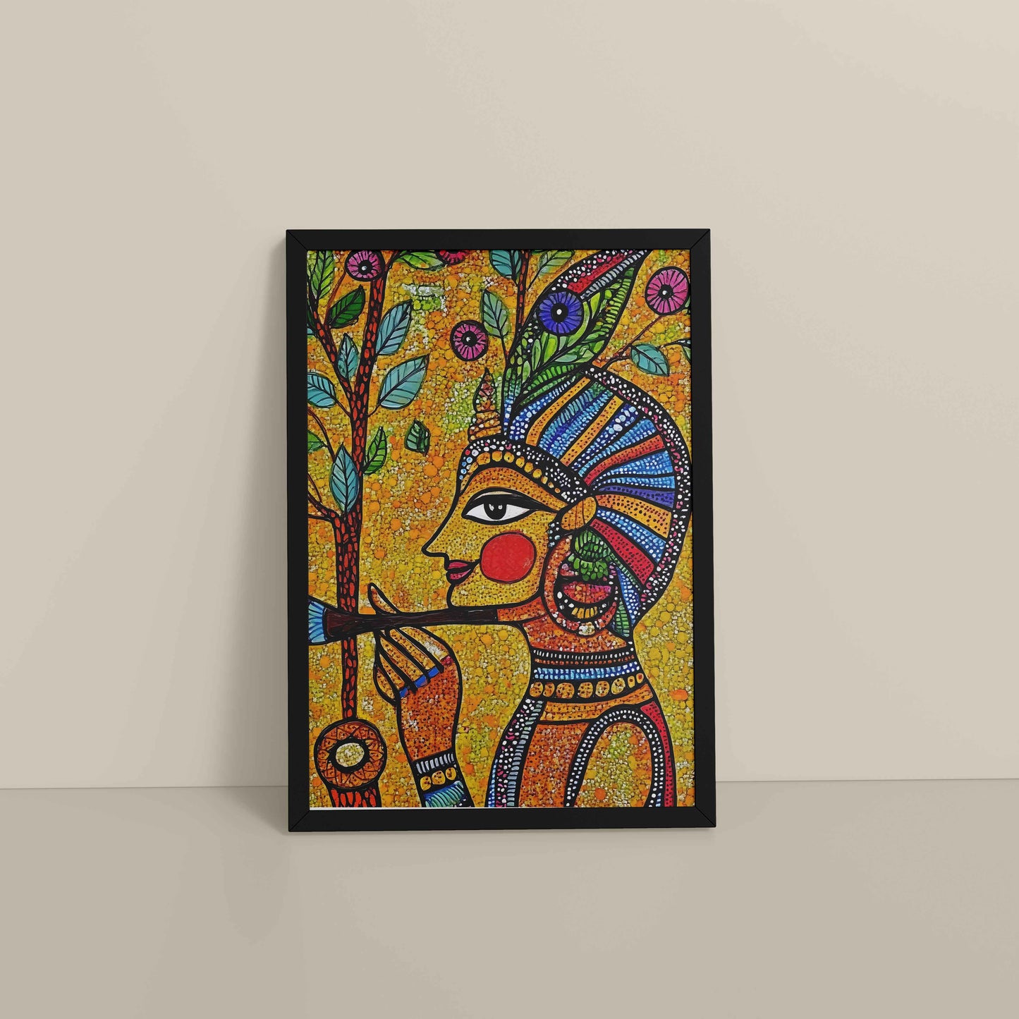 Floor View of The Flute Player in Madhubani Art – Colorful Wall Frame in Black Color Frame