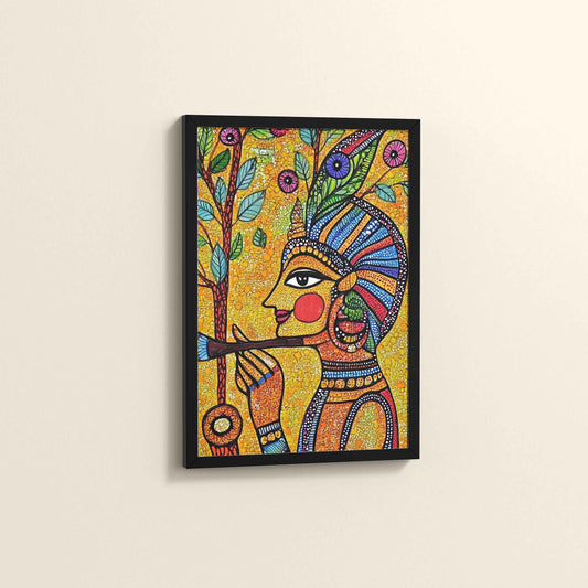 Side View of The Flute Player in Madhubani Art – Colorful Wall Frame in Black Color Frame