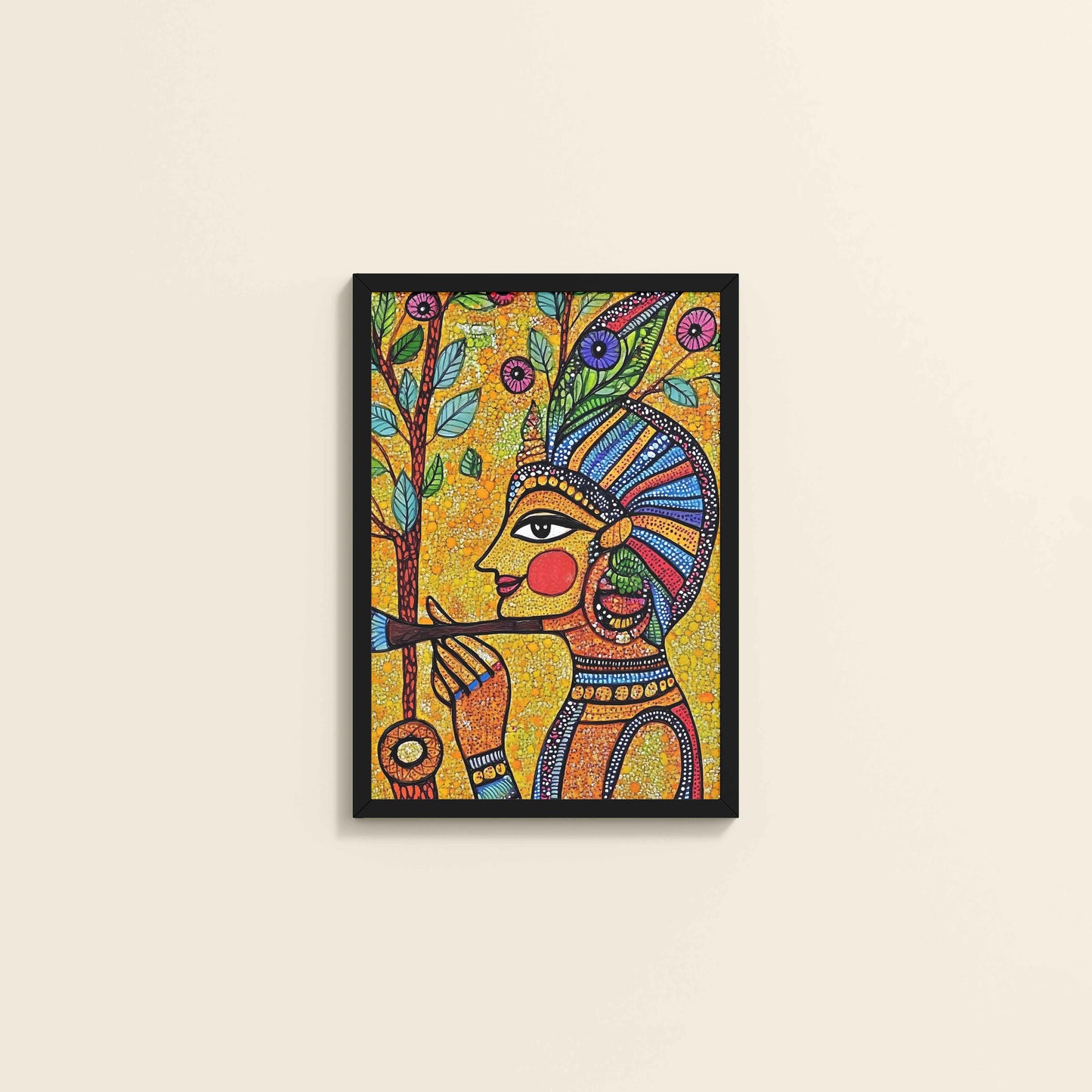 Wall View of The Flute Player in Madhubani Art – Colorful Wall Frame in Black Color Frame