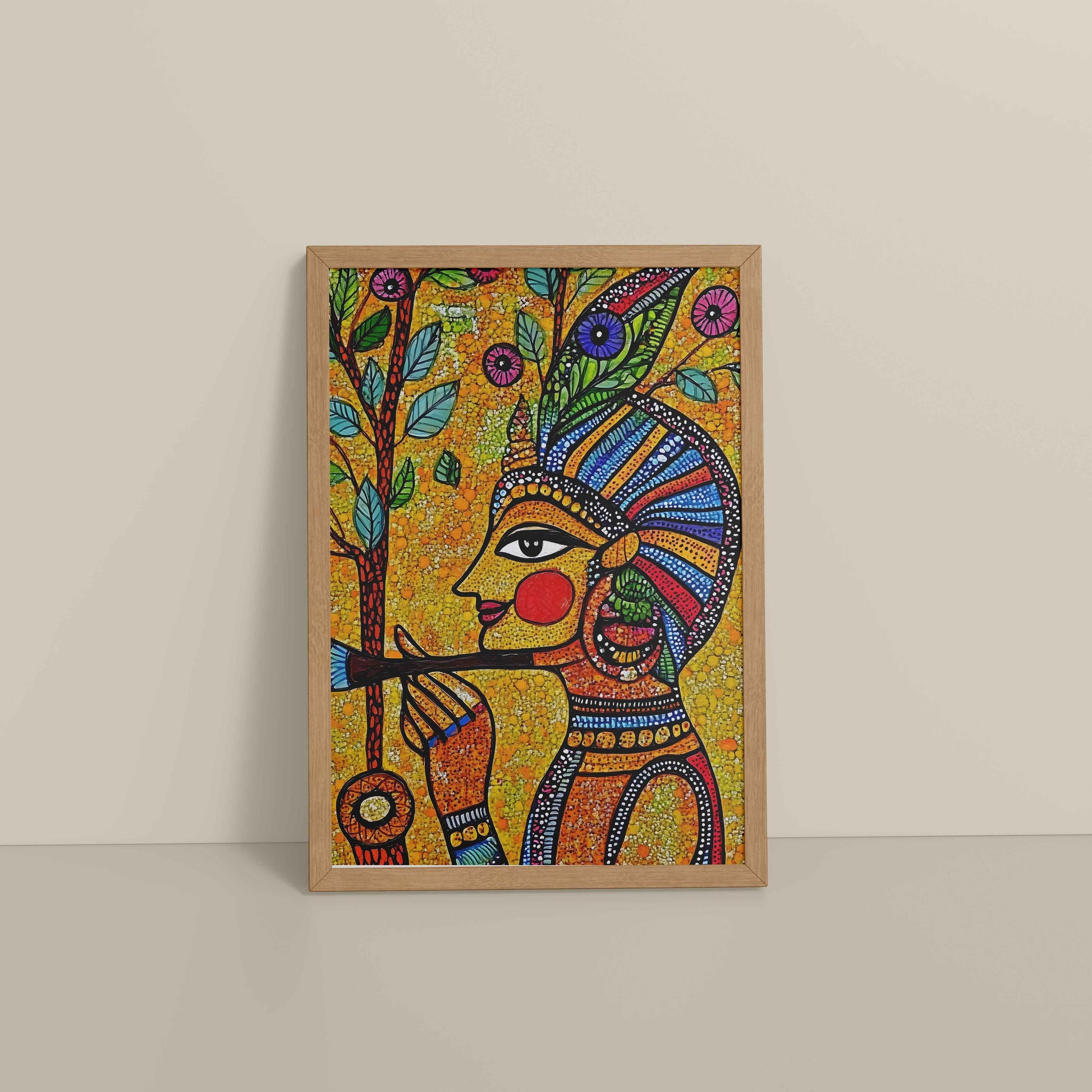Floor View of The Flute Player in Madhubani Art – Colorful Wall Frame in Natrual Color Frame