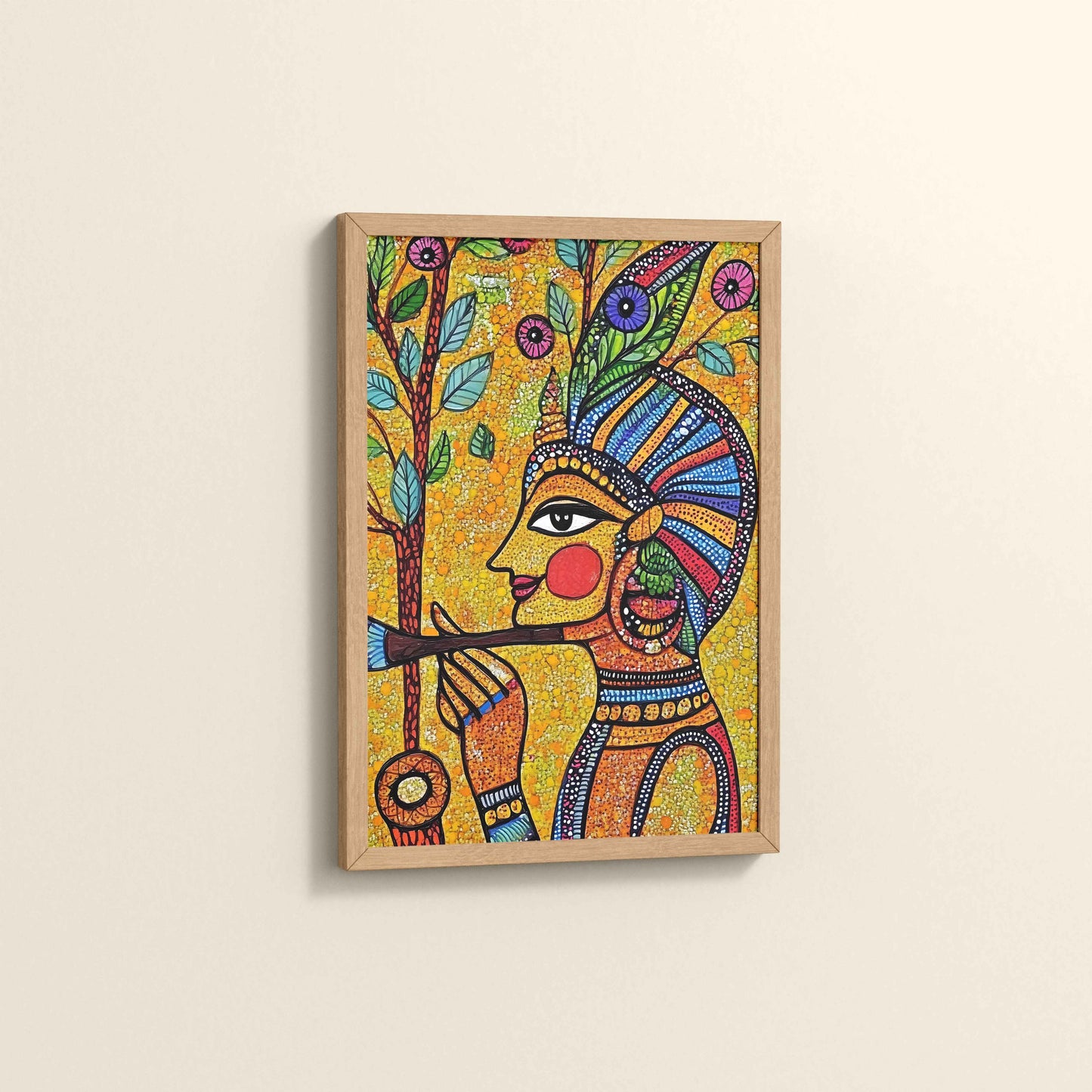 Side View of The Flute Player in Madhubani Art – Colorful Wall Frame in Natrual Color Frame