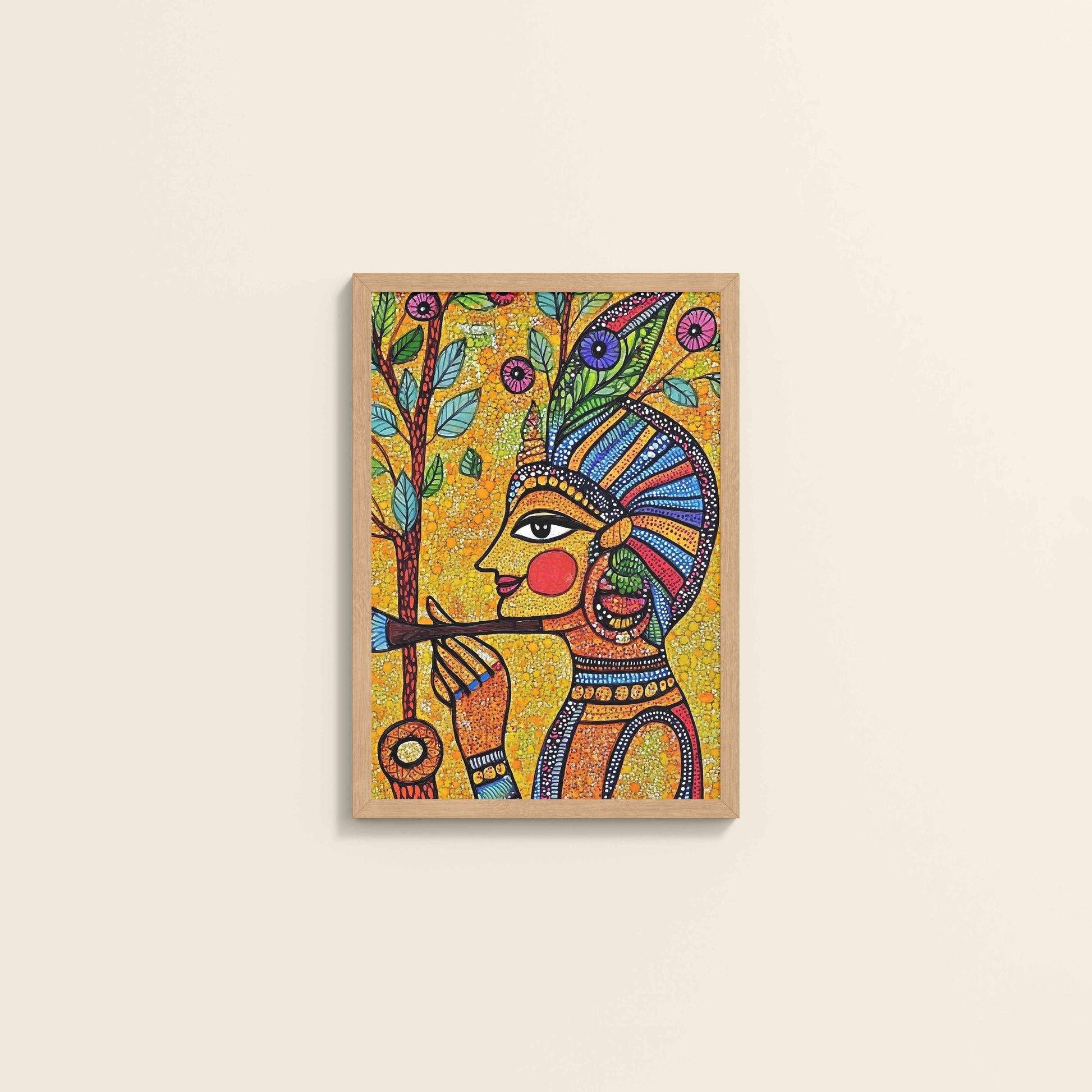 Wall View of The Flute Player in Madhubani Art – Colorful Wall Frame in Natrual Color Frame
